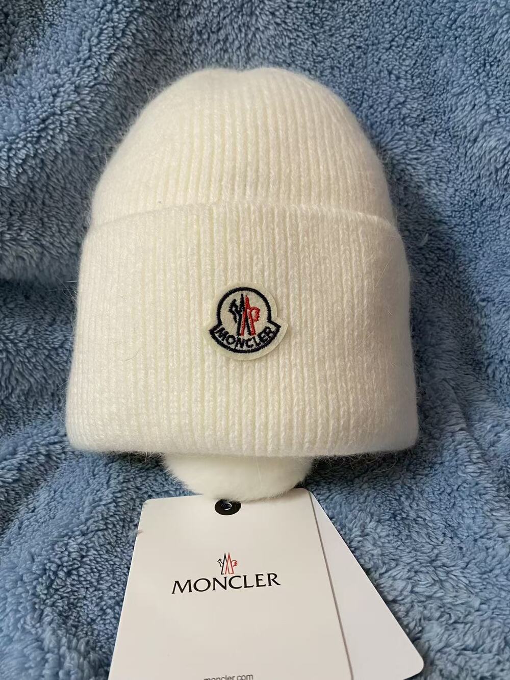 Moncler White Soft Knit Cuffed Beanie Hat